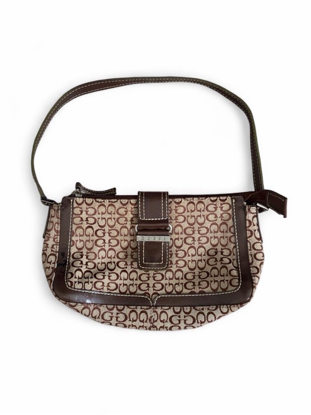Guess Brown Monogram Shoulder Bag with Dark Brown Trim